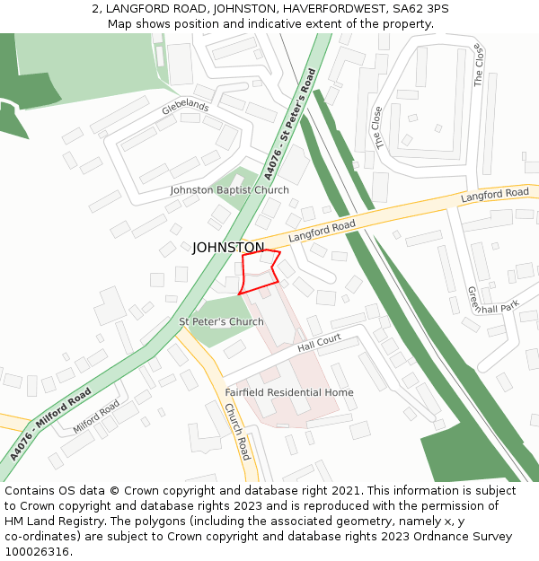 2, LANGFORD ROAD, JOHNSTON, HAVERFORDWEST, SA62 3PS: Location map and indicative extent of plot