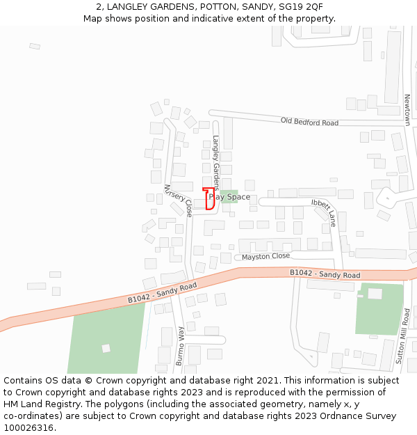 2, LANGLEY GARDENS, POTTON, SANDY, SG19 2QF: Location map and indicative extent of plot