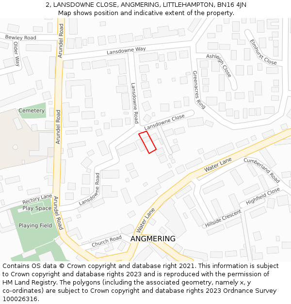 2, LANSDOWNE CLOSE, ANGMERING, LITTLEHAMPTON, BN16 4JN: Location map and indicative extent of plot