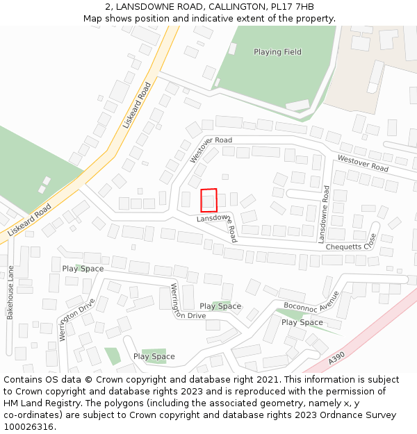 2, LANSDOWNE ROAD, CALLINGTON, PL17 7HB: Location map and indicative extent of plot