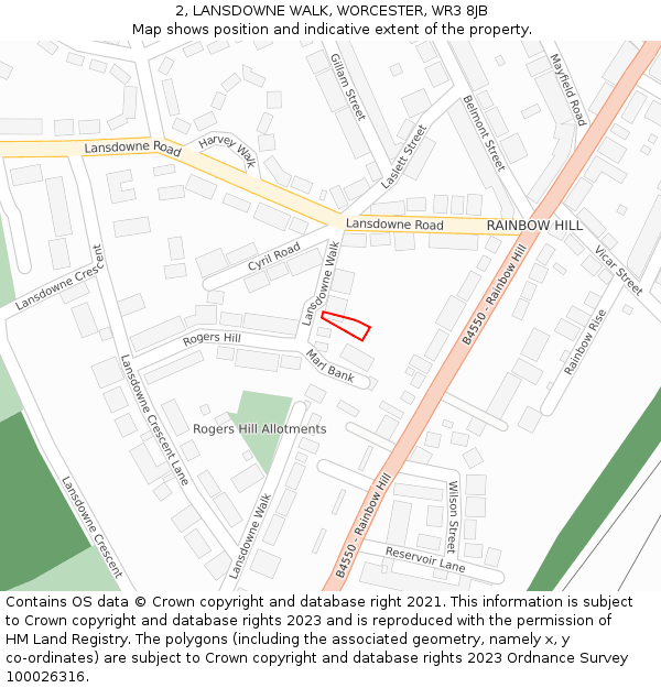 2, LANSDOWNE WALK, WORCESTER, WR3 8JB: Location map and indicative extent of plot
