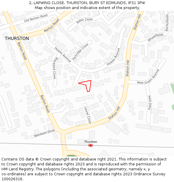 2, LAPWING CLOSE, THURSTON, BURY ST EDMUNDS, IP31 3PW: Location map and indicative extent of plot