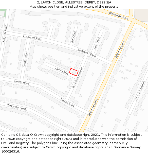 2, LARCH CLOSE, ALLESTREE, DERBY, DE22 2JA: Location map and indicative extent of plot