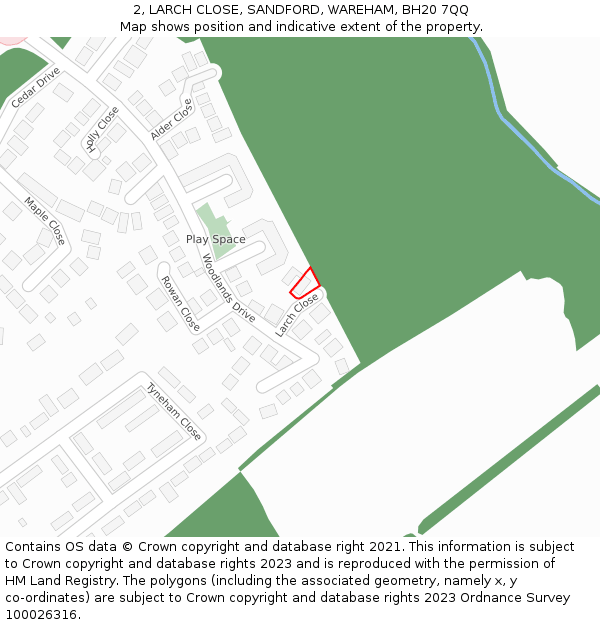 2, LARCH CLOSE, SANDFORD, WAREHAM, BH20 7QQ: Location map and indicative extent of plot