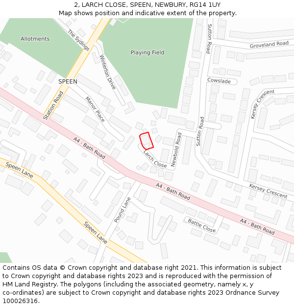 2, LARCH CLOSE, SPEEN, NEWBURY, RG14 1UY: Location map and indicative extent of plot