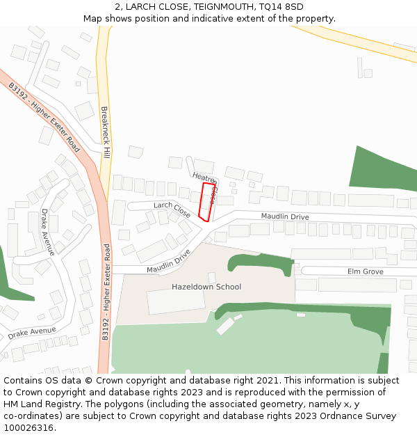 2, LARCH CLOSE, TEIGNMOUTH, TQ14 8SD: Location map and indicative extent of plot