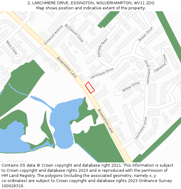 2, LARCHMERE DRIVE, ESSINGTON, WOLVERHAMPTON, WV11 2DG: Location map and indicative extent of plot