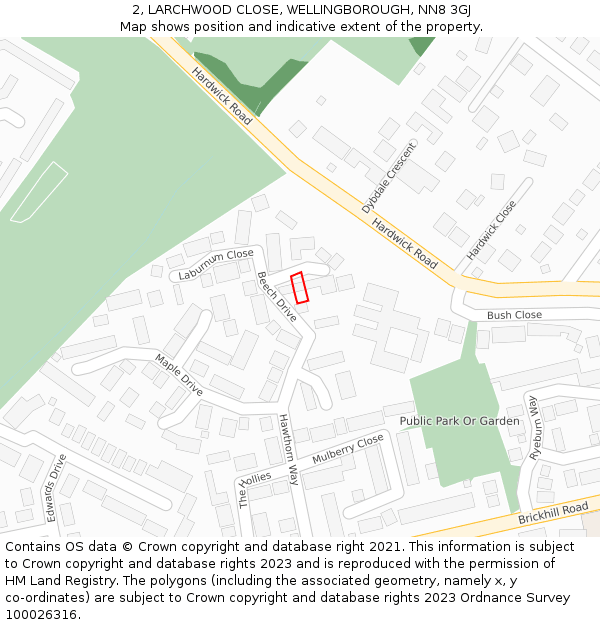 2, LARCHWOOD CLOSE, WELLINGBOROUGH, NN8 3GJ: Location map and indicative extent of plot