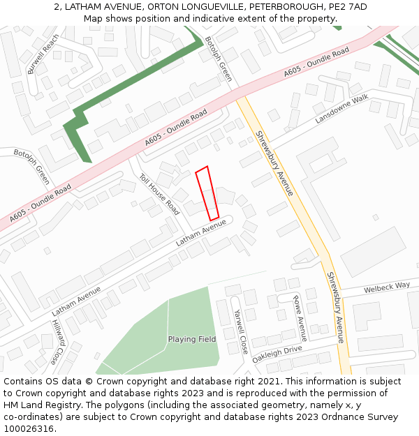 2, LATHAM AVENUE, ORTON LONGUEVILLE, PETERBOROUGH, PE2 7AD: Location map and indicative extent of plot