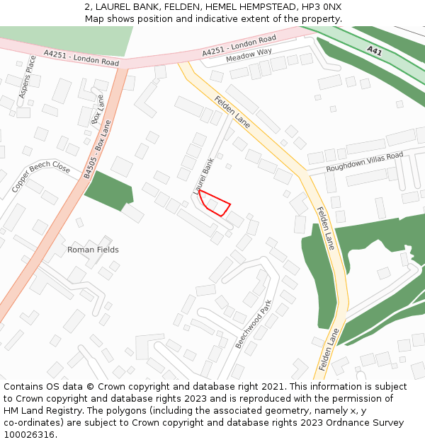 2, LAUREL BANK, FELDEN, HEMEL HEMPSTEAD, HP3 0NX: Location map and indicative extent of plot