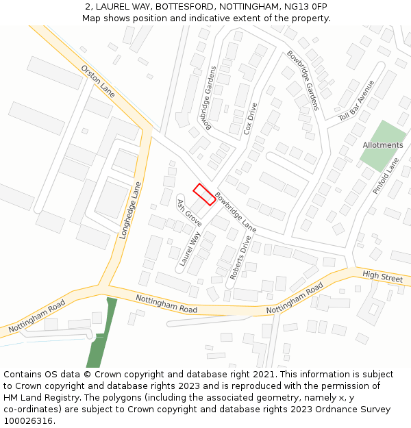 2, LAUREL WAY, BOTTESFORD, NOTTINGHAM, NG13 0FP: Location map and indicative extent of plot