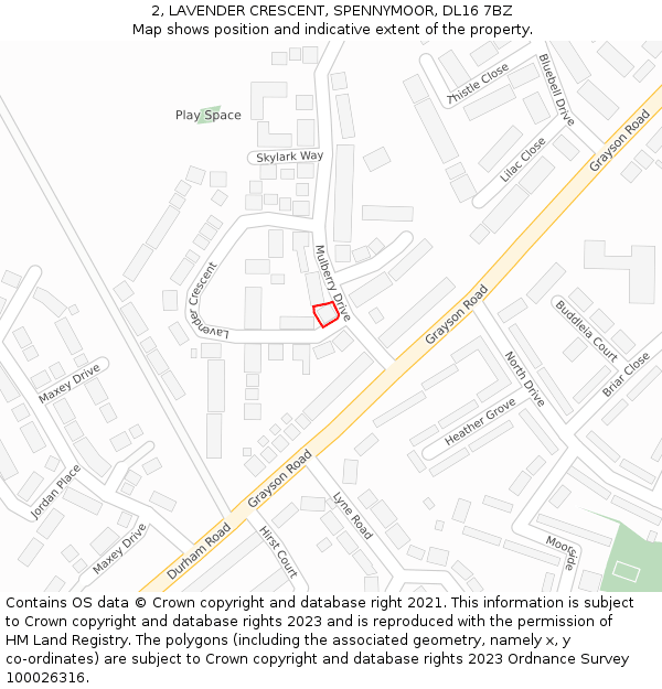 2, LAVENDER CRESCENT, SPENNYMOOR, DL16 7BZ: Location map and indicative extent of plot