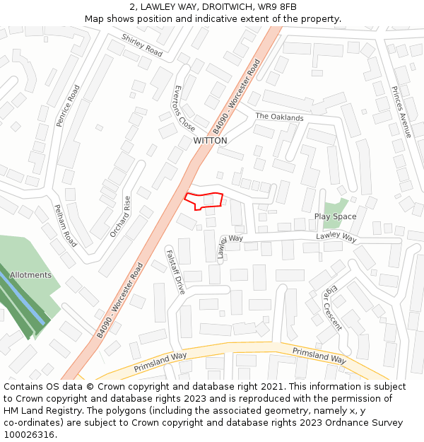 2, LAWLEY WAY, DROITWICH, WR9 8FB: Location map and indicative extent of plot