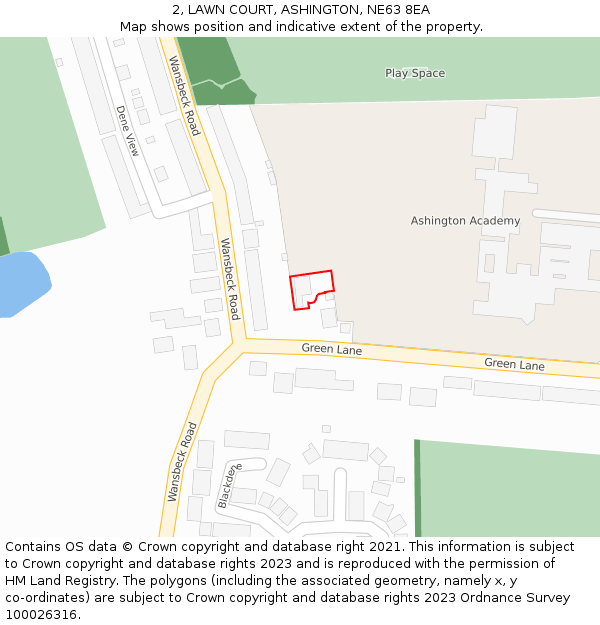 2, LAWN COURT, ASHINGTON, NE63 8EA: Location map and indicative extent of plot