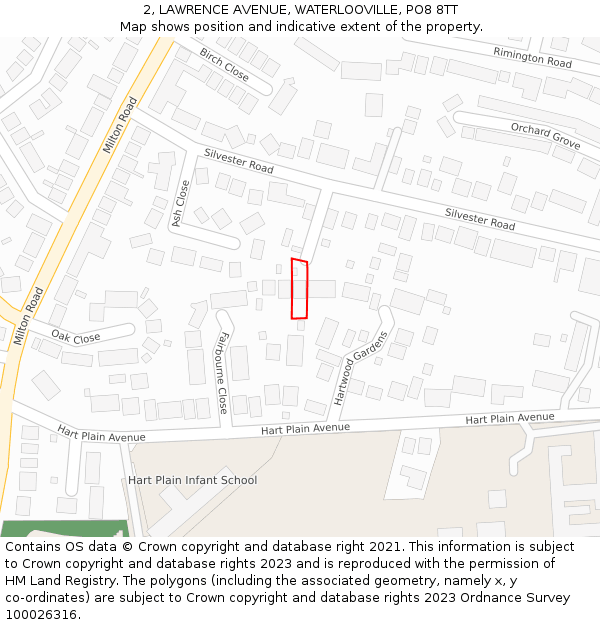 2, LAWRENCE AVENUE, WATERLOOVILLE, PO8 8TT: Location map and indicative extent of plot