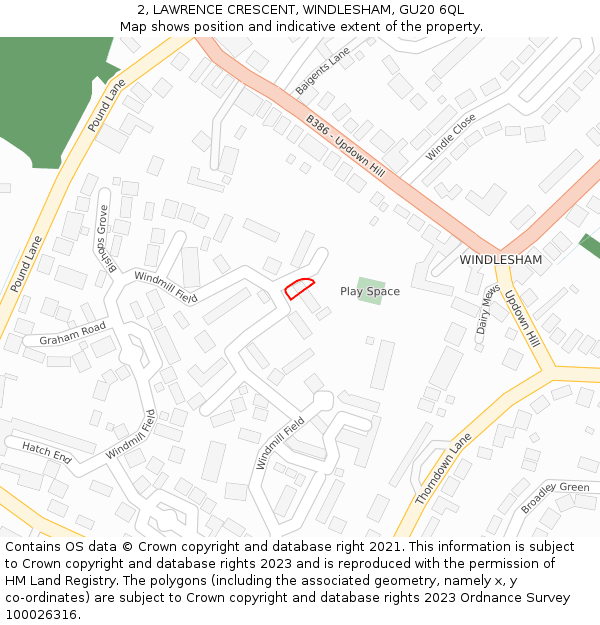 2, LAWRENCE CRESCENT, WINDLESHAM, GU20 6QL: Location map and indicative extent of plot