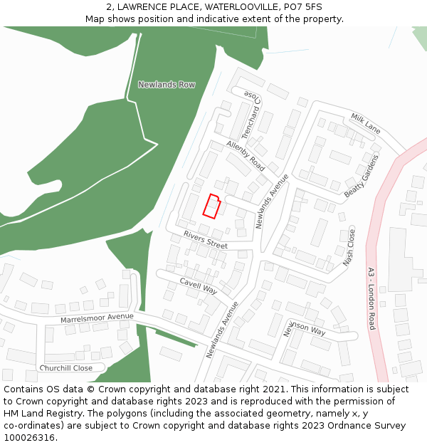 2, LAWRENCE PLACE, WATERLOOVILLE, PO7 5FS: Location map and indicative extent of plot