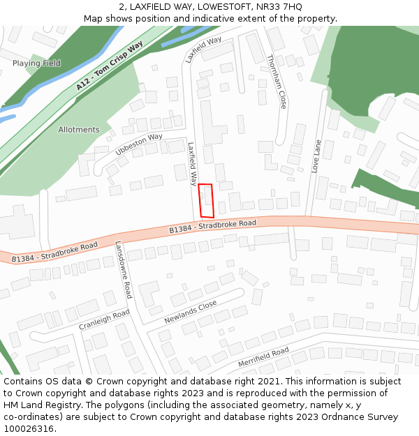 2, LAXFIELD WAY, LOWESTOFT, NR33 7HQ: Location map and indicative extent of plot