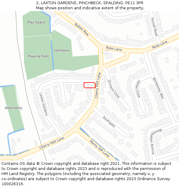 2, LAXTON GARDENS, PINCHBECK, SPALDING, PE11 3PR: Location map and indicative extent of plot