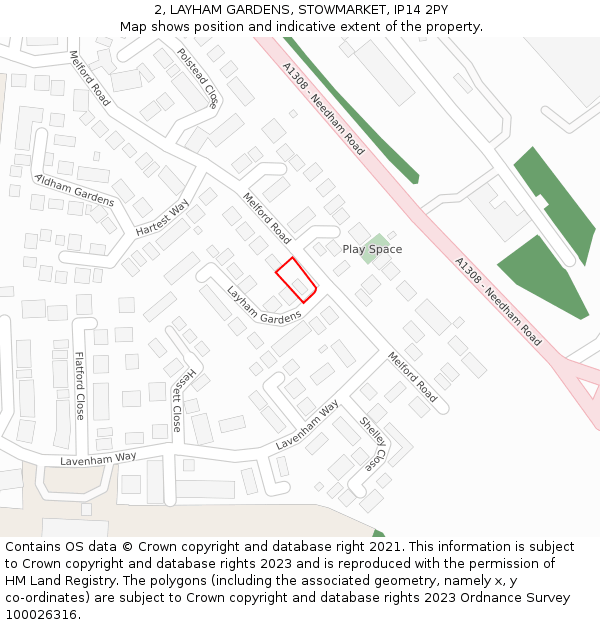 2, LAYHAM GARDENS, STOWMARKET, IP14 2PY: Location map and indicative extent of plot