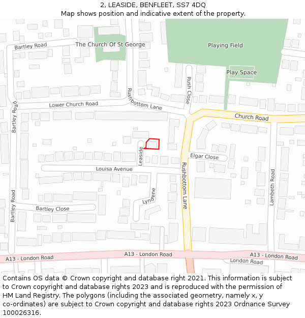 2, LEASIDE, BENFLEET, SS7 4DQ: Location map and indicative extent of plot