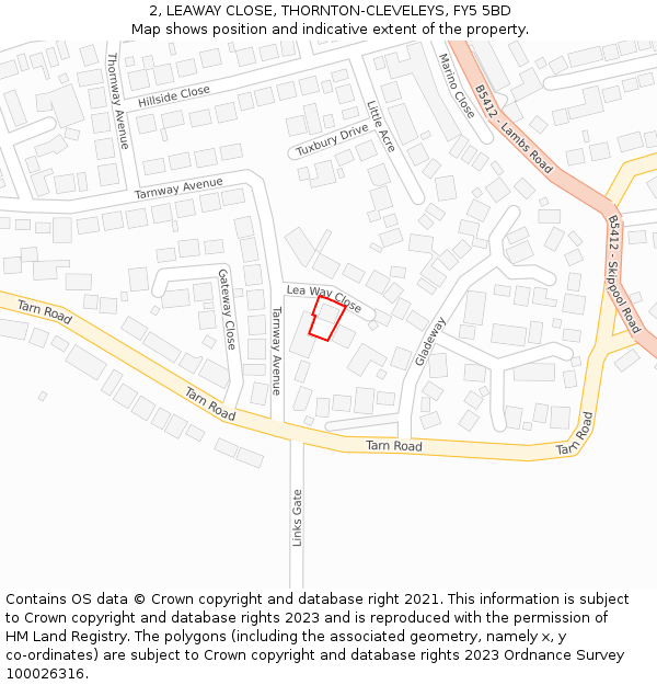 2, LEAWAY CLOSE, THORNTON-CLEVELEYS, FY5 5BD: Location map and indicative extent of plot