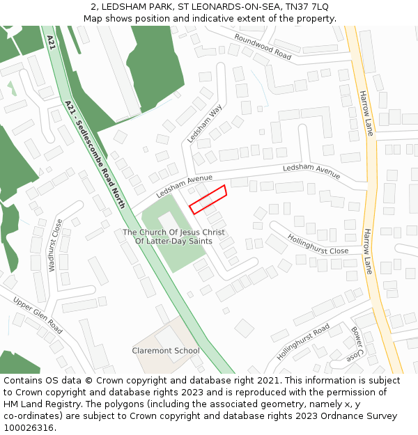 2, LEDSHAM PARK, ST LEONARDS-ON-SEA, TN37 7LQ: Location map and indicative extent of plot