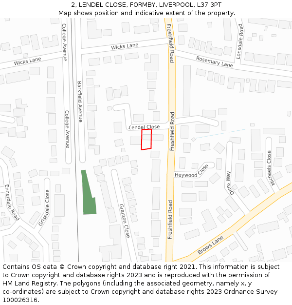 2, LENDEL CLOSE, FORMBY, LIVERPOOL, L37 3PT: Location map and indicative extent of plot