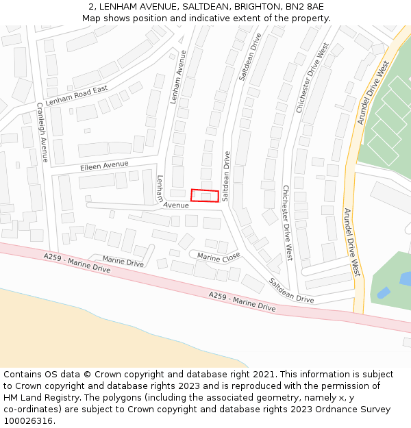 2, LENHAM AVENUE, SALTDEAN, BRIGHTON, BN2 8AE: Location map and indicative extent of plot