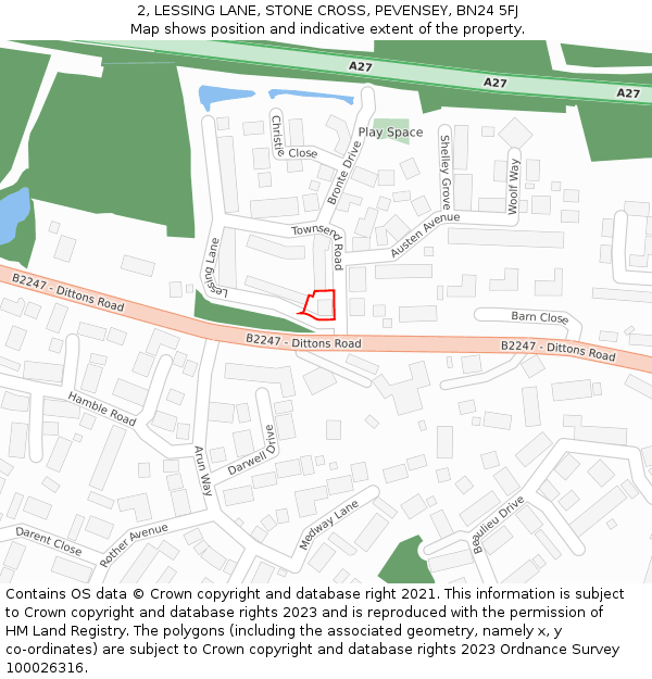2, LESSING LANE, STONE CROSS, PEVENSEY, BN24 5FJ: Location map and indicative extent of plot