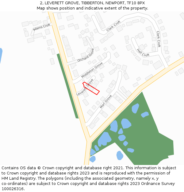 2, LEVERETT GROVE, TIBBERTON, NEWPORT, TF10 8PX: Location map and indicative extent of plot