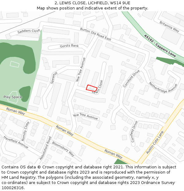 2, LEWIS CLOSE, LICHFIELD, WS14 9UE: Location map and indicative extent of plot