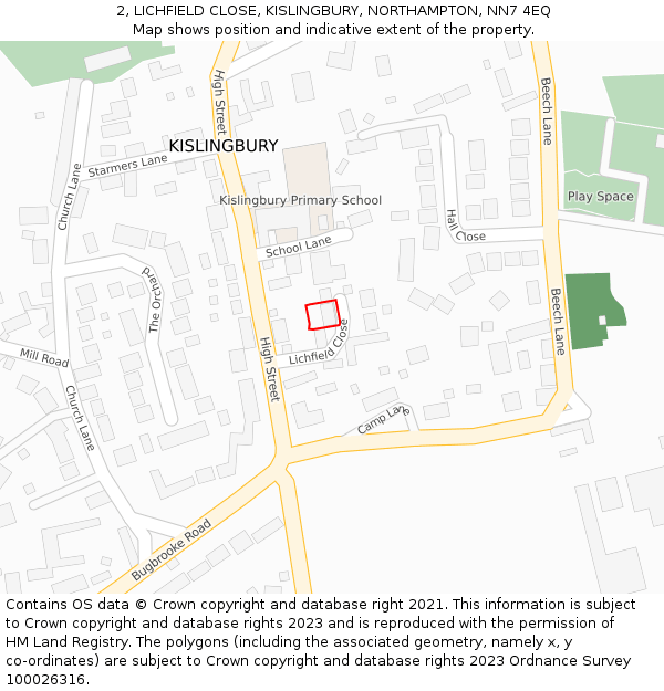 2, LICHFIELD CLOSE, KISLINGBURY, NORTHAMPTON, NN7 4EQ: Location map and indicative extent of plot