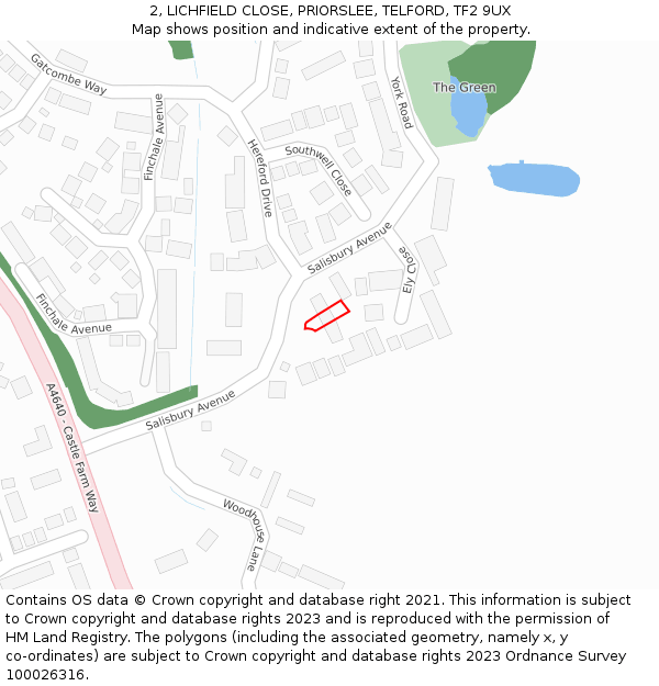 2, LICHFIELD CLOSE, PRIORSLEE, TELFORD, TF2 9UX: Location map and indicative extent of plot