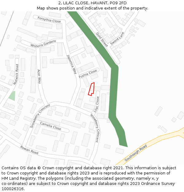 2, LILAC CLOSE, HAVANT, PO9 2FD: Location map and indicative extent of plot