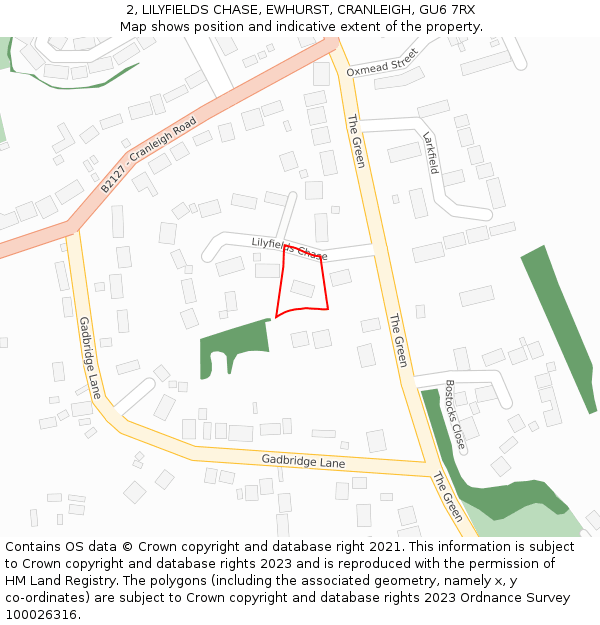 2, LILYFIELDS CHASE, EWHURST, CRANLEIGH, GU6 7RX: Location map and indicative extent of plot