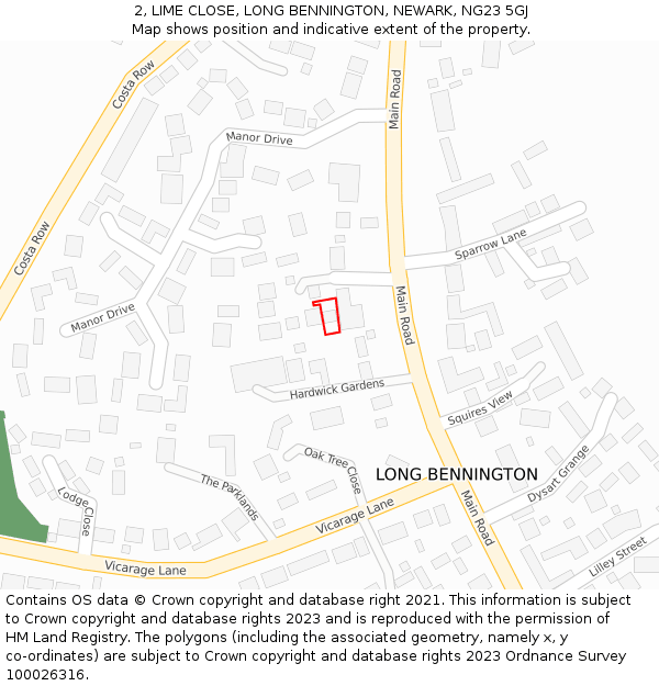 2, LIME CLOSE, LONG BENNINGTON, NEWARK, NG23 5GJ: Location map and indicative extent of plot