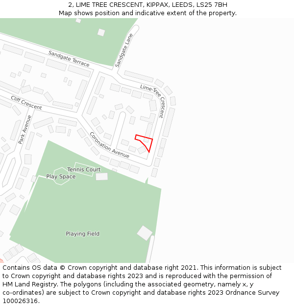 2, LIME TREE CRESCENT, KIPPAX, LEEDS, LS25 7BH: Location map and indicative extent of plot