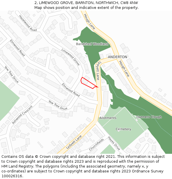 2, LIMEWOOD GROVE, BARNTON, NORTHWICH, CW8 4NW: Location map and indicative extent of plot