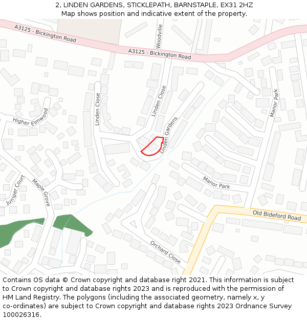 2, LINDEN GARDENS, STICKLEPATH, BARNSTAPLE, EX31 2HZ: Location map and indicative extent of plot