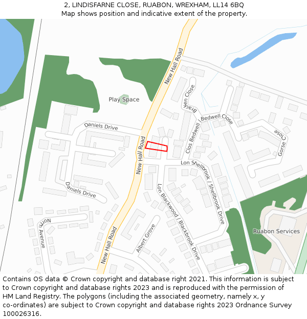 2, LINDISFARNE CLOSE, RUABON, WREXHAM, LL14 6BQ: Location map and indicative extent of plot