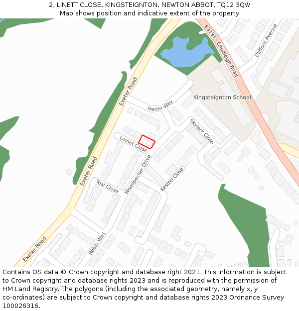 2, LINETT CLOSE, KINGSTEIGNTON, NEWTON ABBOT, TQ12 3QW: Location map and indicative extent of plot