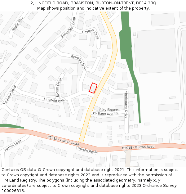 2, LINGFIELD ROAD, BRANSTON, BURTON-ON-TRENT, DE14 3BQ: Location map and indicative extent of plot