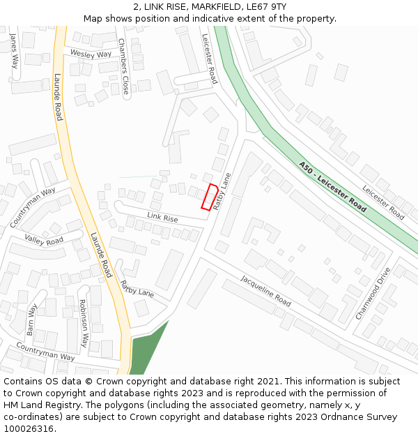 2, LINK RISE, MARKFIELD, LE67 9TY: Location map and indicative extent of plot