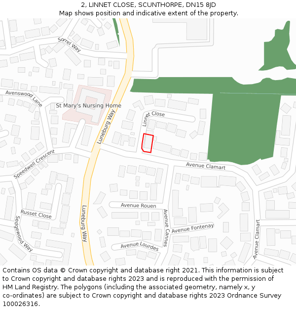 2, LINNET CLOSE, SCUNTHORPE, DN15 8JD: Location map and indicative extent of plot