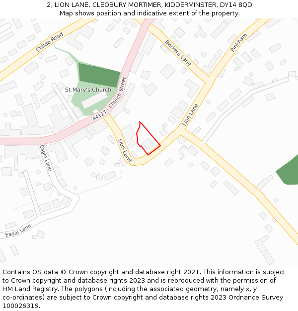 2, LION LANE, CLEOBURY MORTIMER, KIDDERMINSTER, DY14 8QD: Location map and indicative extent of plot