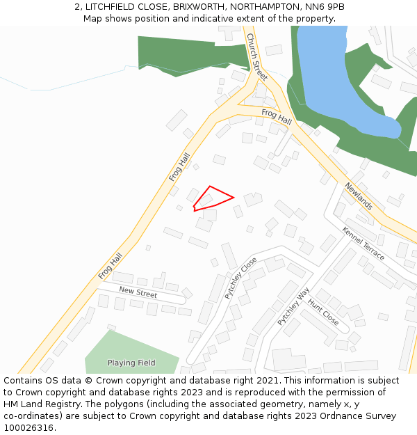 2, LITCHFIELD CLOSE, BRIXWORTH, NORTHAMPTON, NN6 9PB: Location map and indicative extent of plot