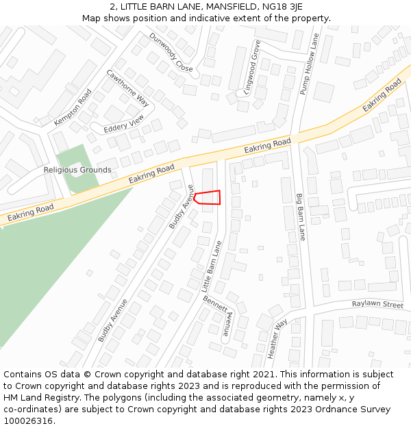 2, LITTLE BARN LANE, MANSFIELD, NG18 3JE: Location map and indicative extent of plot