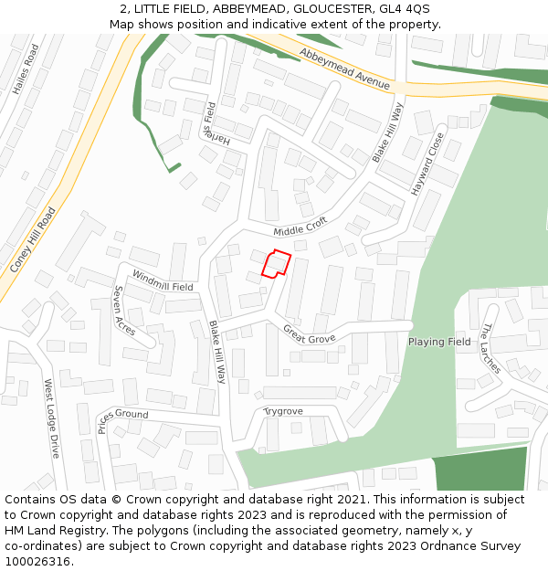 2, LITTLE FIELD, ABBEYMEAD, GLOUCESTER, GL4 4QS: Location map and indicative extent of plot