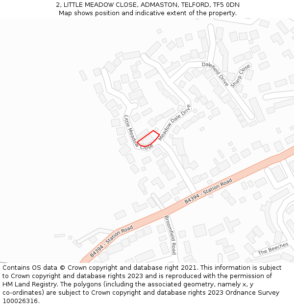 2, LITTLE MEADOW CLOSE, ADMASTON, TELFORD, TF5 0DN: Location map and indicative extent of plot